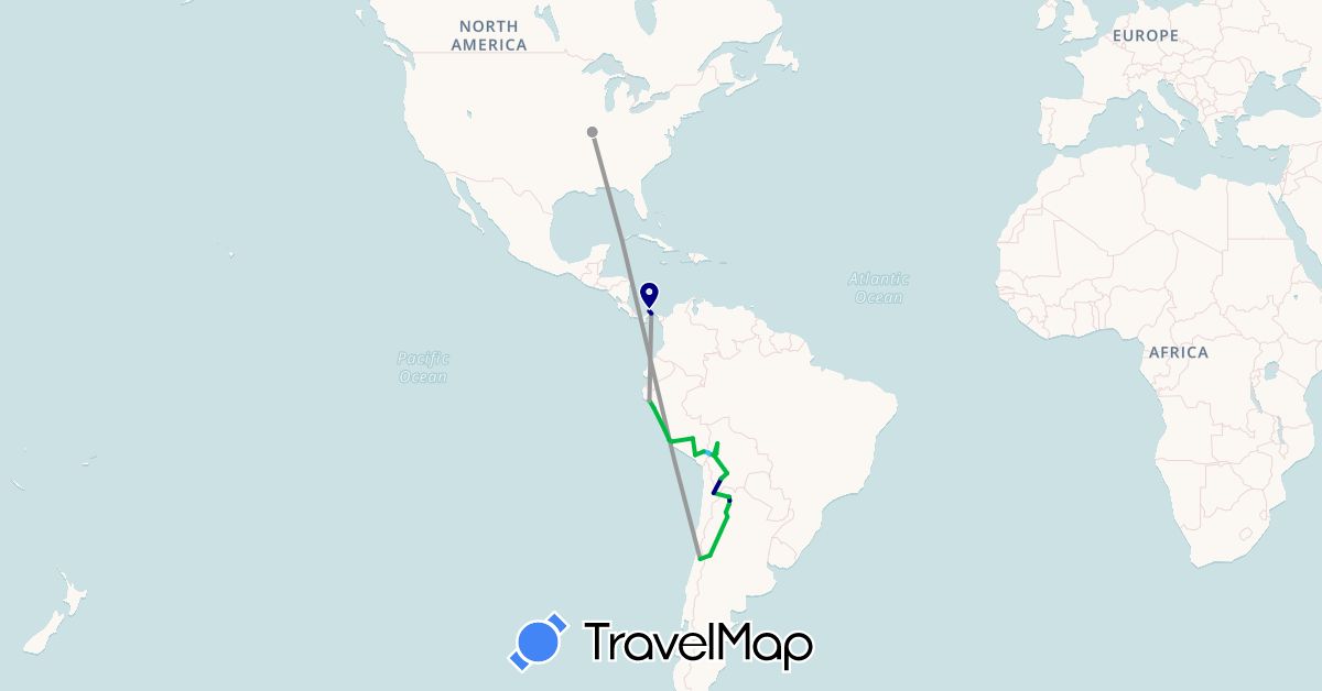 TravelMap itinerary: driving, bus, plane, boat in Argentina, Bolivia, Chile, Panama, Peru, United States (North America, South America)