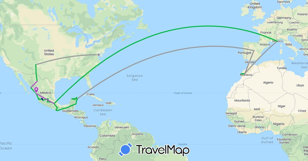 TravelMap itinerary: driving, bus, plane, train, hiking, boat in Spain, France, Morocco, Mexico, United States (Africa, Europe, North America)
